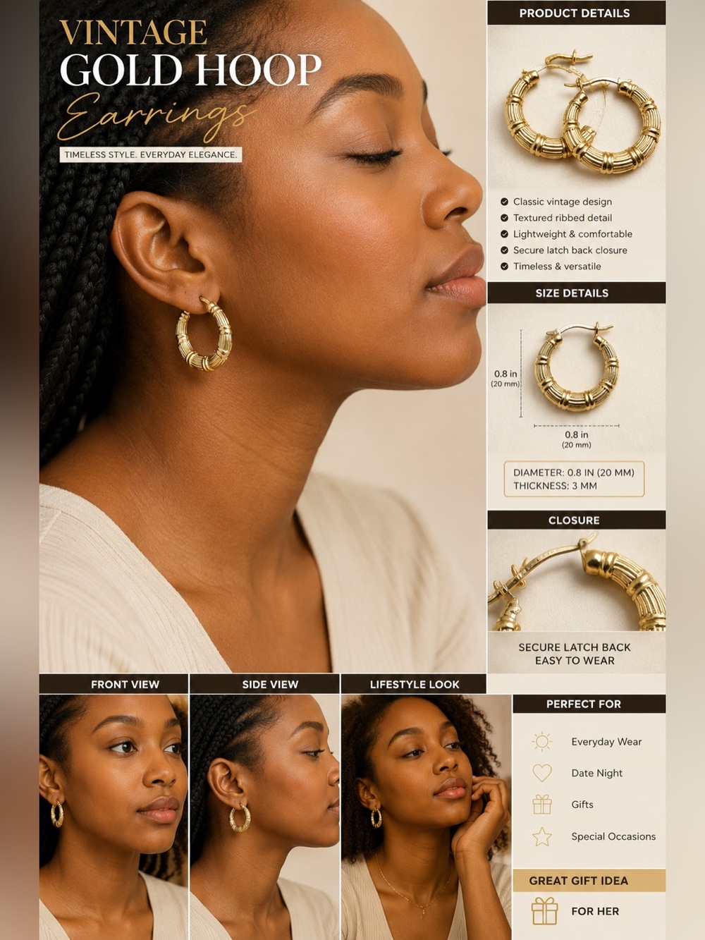 Vintage 10K/14K yellow gold tone hoop earrings featuring bamboo-textured design